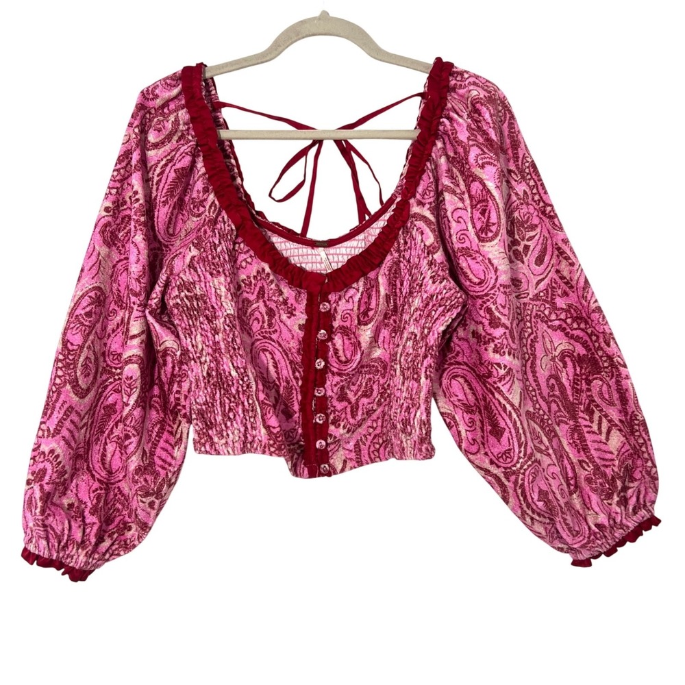 Free People Dare Me Top Size S Pink Paisley Smocked Crop Velvet Balloon Sleeve